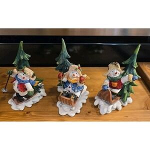 Home Interiors Christmas Whimsical Snowmen Sledding Figurines set of 3 resin 5"H